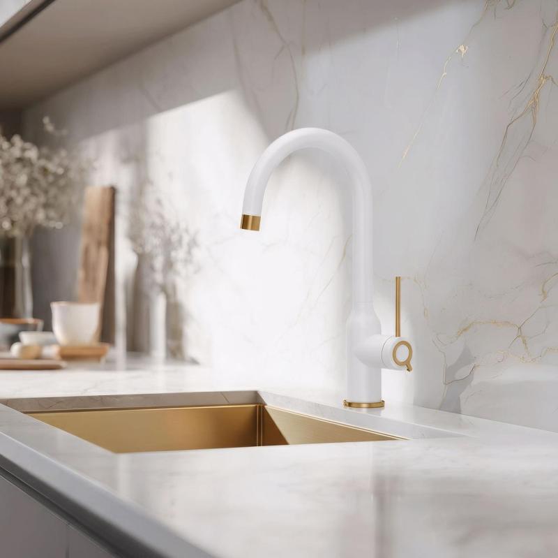 Quadri Stamford Μπαταρία Κουζίνας Λευκή με Χάλκινο Φινίρισμα με Περιστρεφόμενο Στρογγυλό Ρέον 1208967711