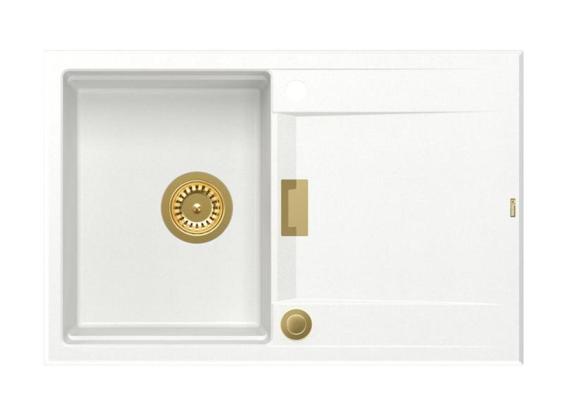 Quadri Minton Γρανιτένιος Νεροχύτης Πάγκου Λευκός 76x50cm με Αναστρέψιμη Επιφάνεια Στάγδην και Χρυσή Βαλβίδα - 1208967748