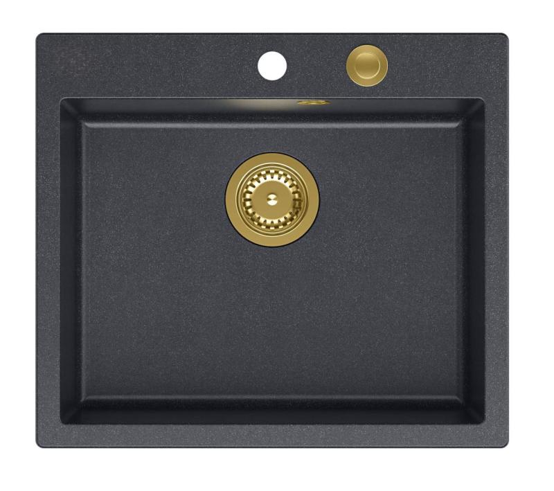 Quadri Sheffield Ανθρακί Γρανίτης Εντοιχισμένος ή Επικαλυπτόμενος Νεροχύτης 57x50 cm με Τρύπα για Μπαταρία και Χρυσό Βύσμα - 1208967813