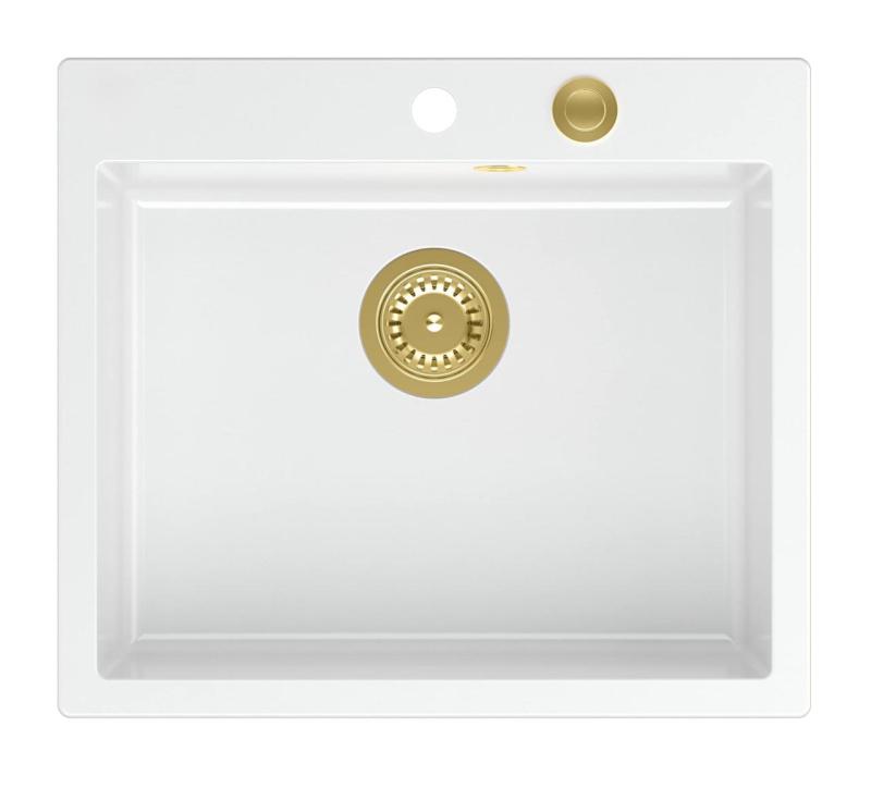 Quadri Sheffield Λευκός Γρανιτένιος Νεροχύτης Επικαθήμενος ή Εντοιχισμένος 57x50 cm με Πάγκο για Βρύση και Χρυσή Βαλβίδα - 1208967817