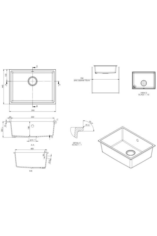 GraniteMy Universal Γρανιτένιος Λευκός Νεροχύτης 55x40 cm επιτραπέζιος, υποκατασκευής και ενσωματωμένης κατασκευής με βαλβίδα gun metal - 1208967933