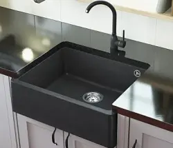 GraniteMy Παράδοση Αγροτικός Νεροχύτης Γρανίτης Νιπτήρας 60x48 εκ. Μαύρος Υποκατασκευή και Επίπεδη Κατασκευή με Gun Metal Βαλβίδα 1208967939