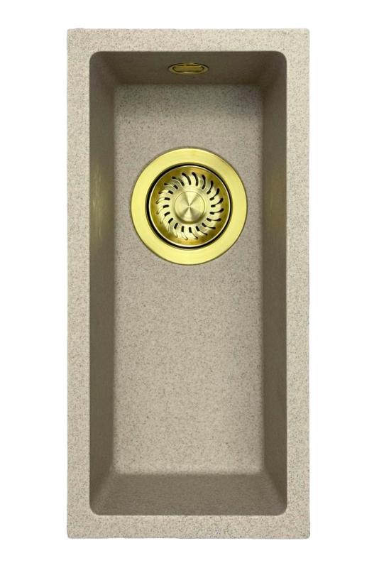 GraniteMy Universal γρανίτης μπεζ άμμος μικρό νεροχύτη 17x40 εκατοστά επιφανειακή, κάτω από την επιφάνεια και εντοιχιζόμενη με χρυσή βύσμα 1208968003