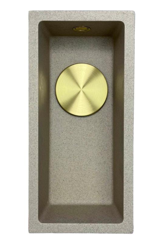GraniteMy Universal γρανίτης μπεζ άμμος μικρό νεροχύτη 17x40 εκατοστά επιφανειακή, κάτω από την επιφάνεια και εντοιχιζόμενη με χρυσή βύσμα 1208968003