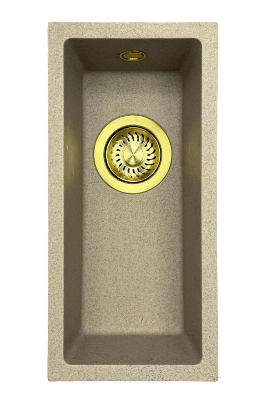 GraniteMy Universal γρανίτης μπεζ άμμος μικρό νεροχύτη 17x40 εκατοστά επιφανειακή, κάτω από την επιφάνεια και εντοιχιζόμενη με χρυσή βύσμα 1208968003