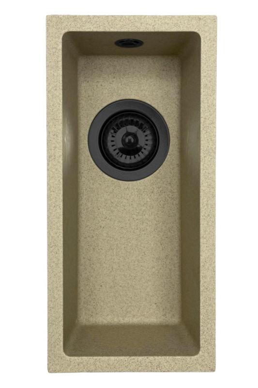 GraniteMy Universal γρανίτης μπεζ άμμου μικρός νεροχύτης 17x40 cm επάνω πάγκου, υποκατασκευή και επίπεδη εγκατάσταση με μαύρο πώμα 1208968005.