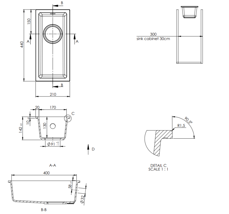 GraniteMy Universal γρανίτης μπεζ άμμου μικρός νεροχύτης 17x40 cm επάνω πάγκου, υποκατασκευή και επίπεδη εγκατάσταση με μαύρο πώμα 1208968005.