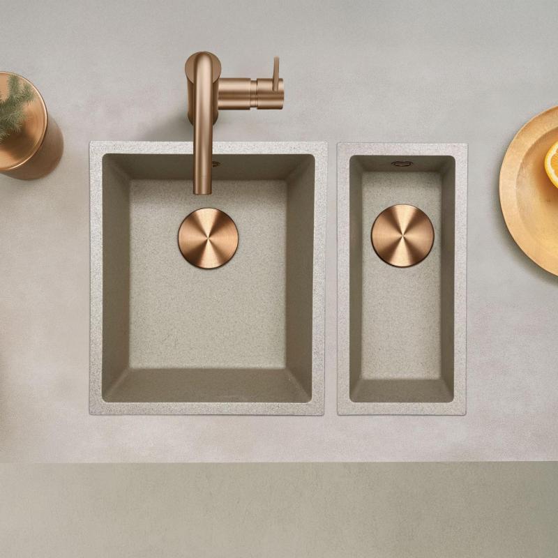 GraniteMy Universal γρανιτένιος μπεζ νεροχύτης 34x40 cm επιτραπέζιος, υποκαθήμενος και επίπεδης τοποθέτησης με χάλκινη τάπα 1208968009.