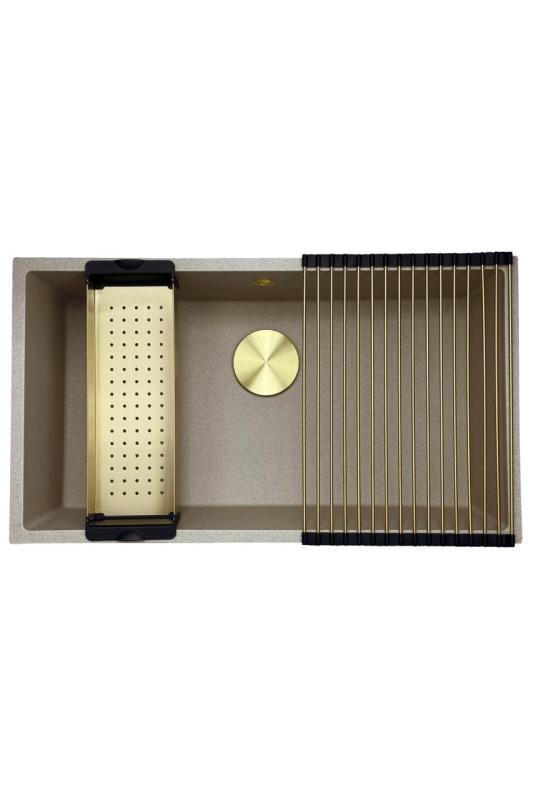 GraniteMy Universal γρανίτης μπεζ άμμος νεροχύτης 74x40 cm επιφάνεια πάγκου, υποκατασκευή και εντοιχισμός με χρυσό βύσμα 1208968018.