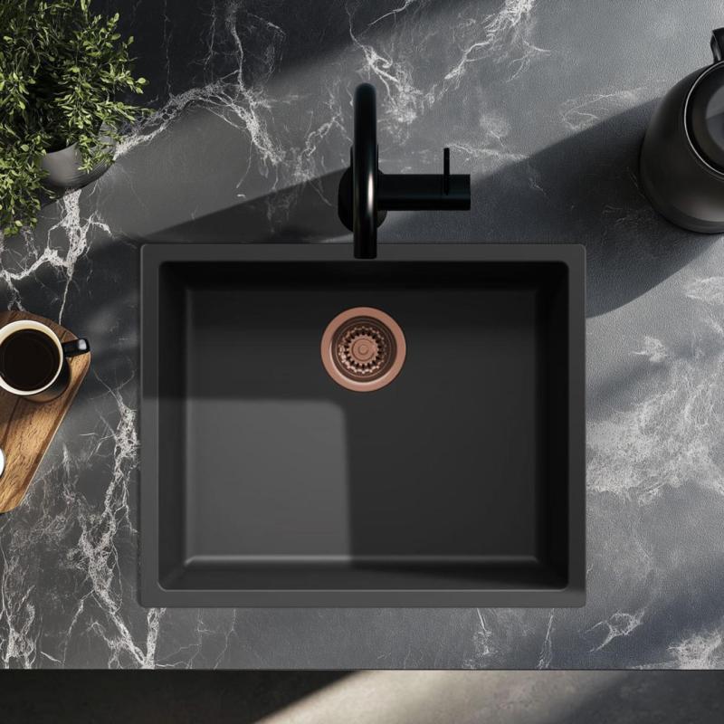 Μαύρος νεροχύτης 50x40cm για εντοιχισμένη, επιτραπέζια και επίπεδη τοποθέτηση με χάλκινη τάπα 1208968036