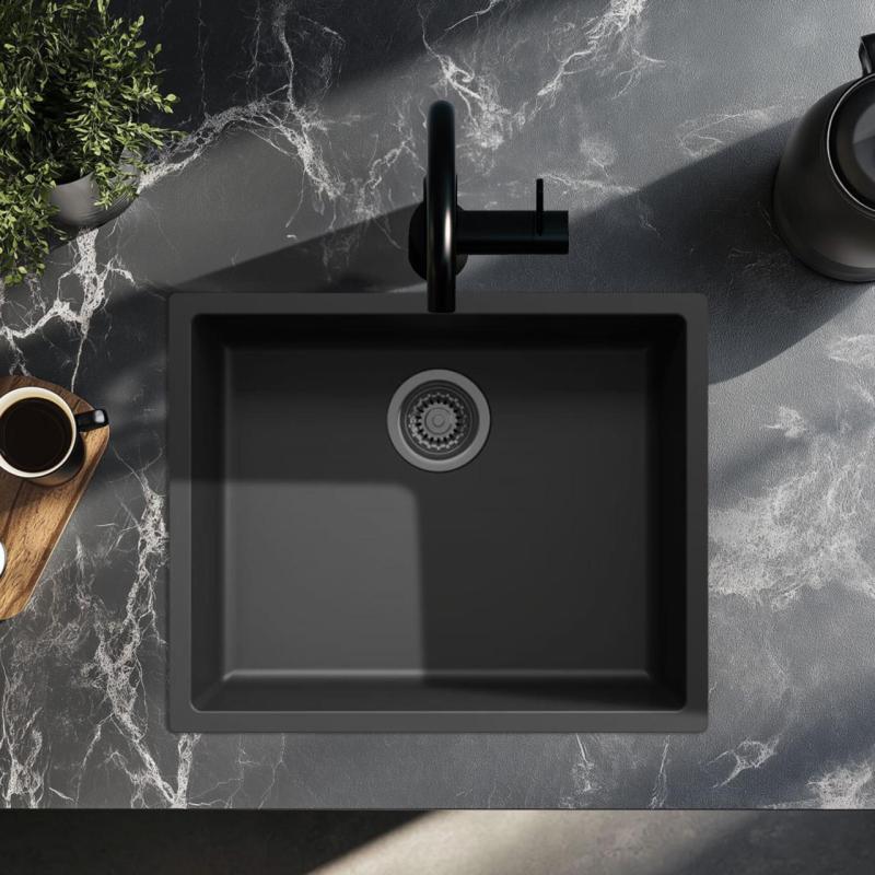 Μαύρος νεροχύτης 50x40cm για υποκατασκευή, επικάλυψη και επίπεδη κατασκευή με gun metal τάπα 1208968038.