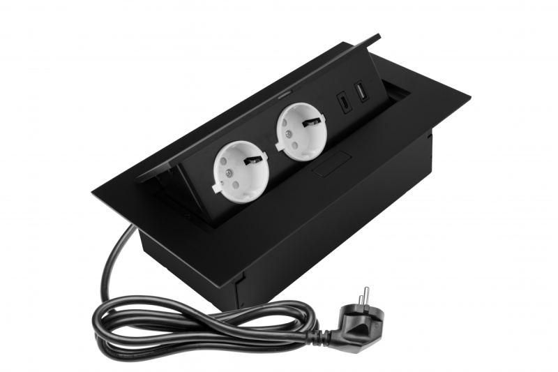 Επίπλωση πρίζας 2x schuko πρίζα, USB A+C, χωρίς καλώδιο, μαύρο