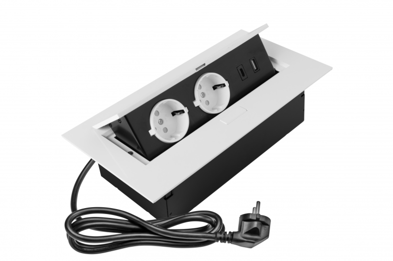 Επίπλωση πρίζας 2x πρίζα με γείωση, USB A+C, καλώδιο ρεύματος με βύσμα, λευκό