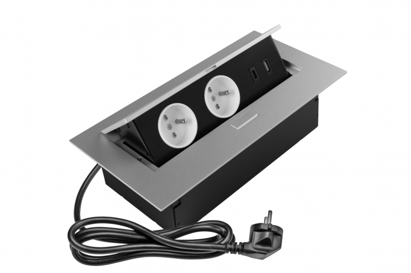Έπιπλο υποδοχής 2x υποδοχή με γείωση, USB A+C, καλώδιο τροφοδοσίας με φις, αλουμίνιο