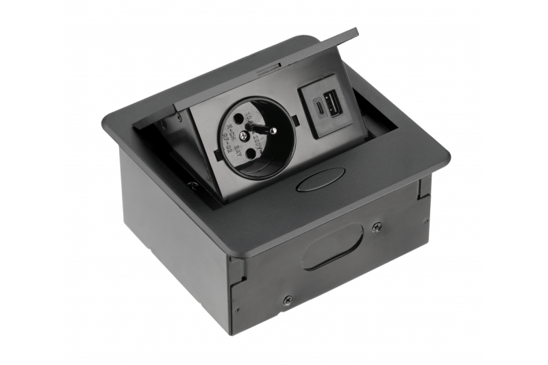 AVARO Εντοιχισμένη Πρίζα Επίπλου, 1x Γαλλική Πρίζα, USB A+C, Καλώδιο 1.5m, Μαύρο