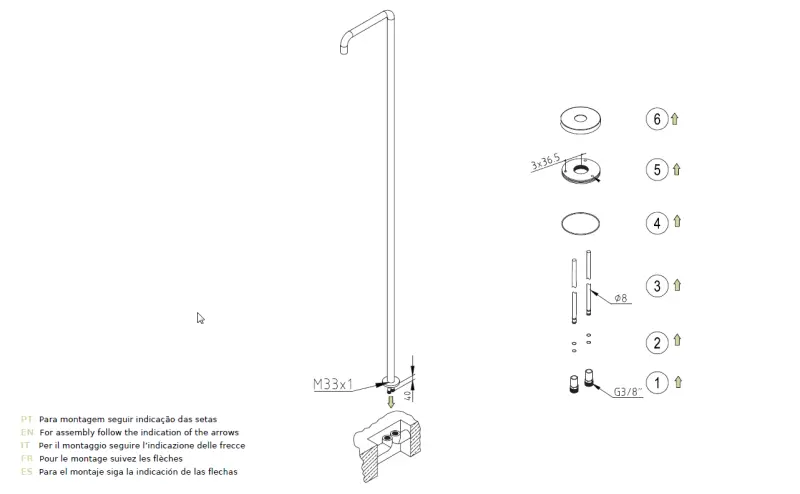 WaterEvolution Flow πισίνα ντους ντουζοστήλη μόνο koud νερό light gold βουρτσισμένο T145WGE