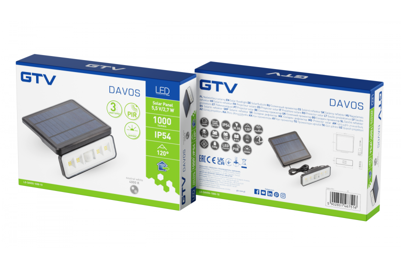 Φωτιστικό ηλιακού φωτός με αισθητήρα κίνησης και ανατολής DAVOS, LED, 1000lm, 4000K, 2000mAh, IP54, μαύρο