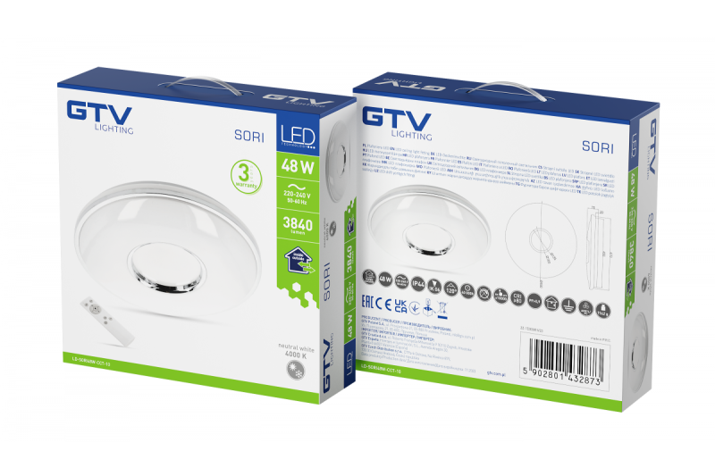 SORI LED οροφής, Ø490mm, CCT, 48W, 3840lm, AC180-250V, 50/60 Hz, PF>0,9, IP54, τηλεχειριστήριο, λευκό, 3 χρόνια εγγύηση.