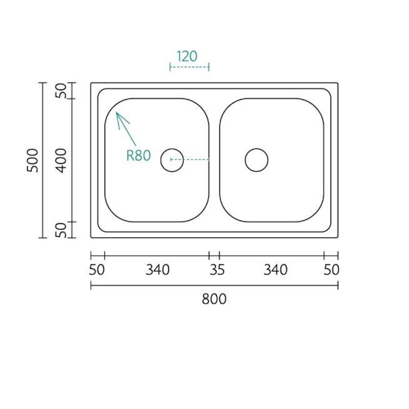 Τράπεζα Centurio 20 RVS διπλός νεροχύτης επικαθήμενος 80x50cm 1208970026