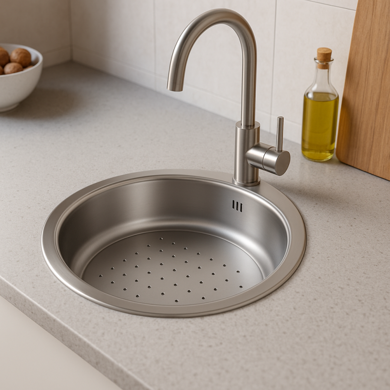 Banka P18380 Ανοξείδωτο στρογγυλό ρηχό νεροχύτη με αποστραγγιστικό 45 cm Επιτραπέζιο και υποστρωτικό 1208970057