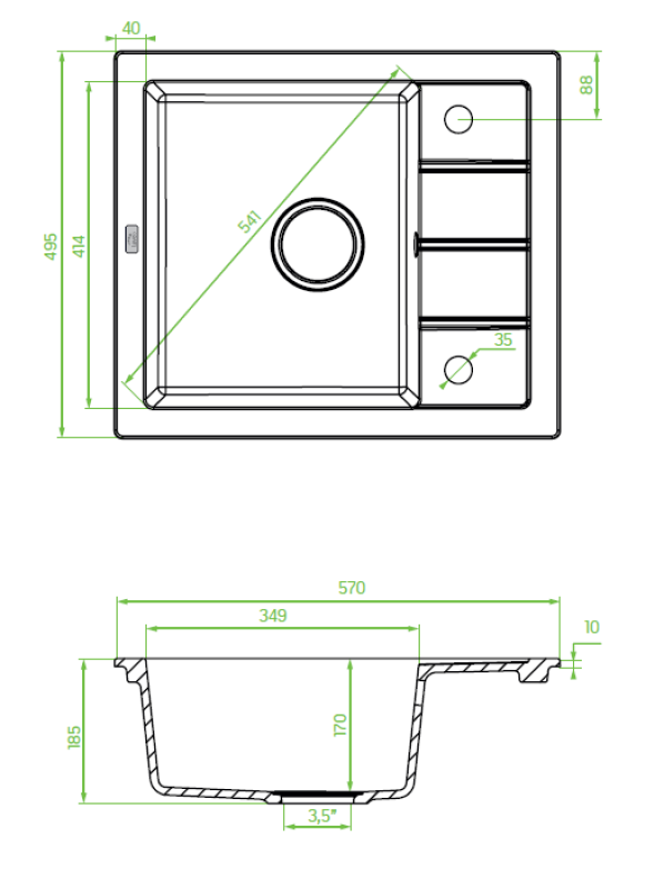 Aquadesign Somerset Γρανιτένιος Νεροχύτης Επιφάνειας Ανθρακί με μικρή Περιοχή Στραγγίσματος 570 x 495 mm 1208970084