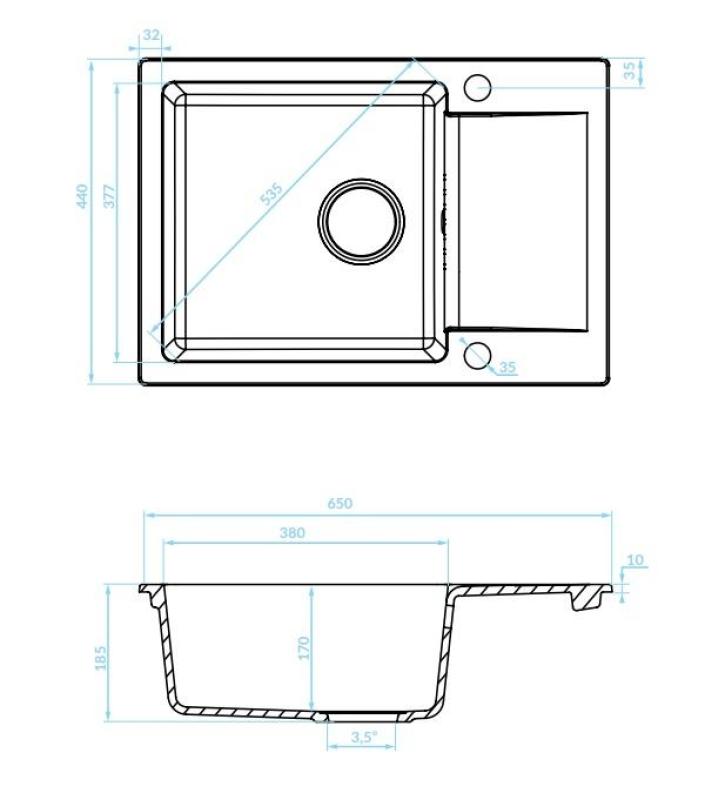 Aquadesign Kensley Γρανιτένιος Πάνω Νεροχύτης Ανθρακί με μικρό Αποστραγγιστικό Τμήμα 65 x 44 εκ 1208970085