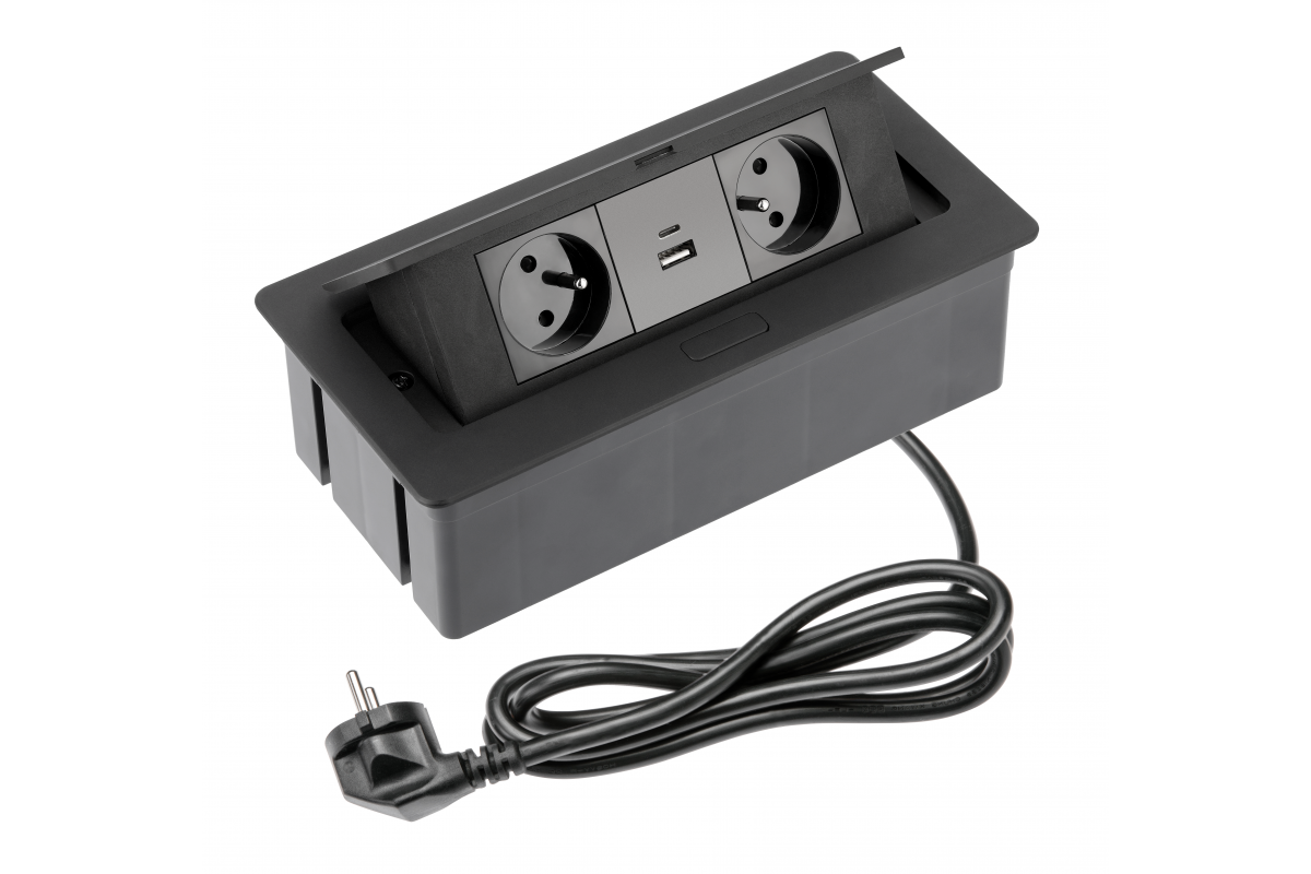 Επίπλων πρίζα SOFT 2x πρίζα με γείωση, USB Α+C, καλώδιο τροφοδοσίας με φις, μαύρο.