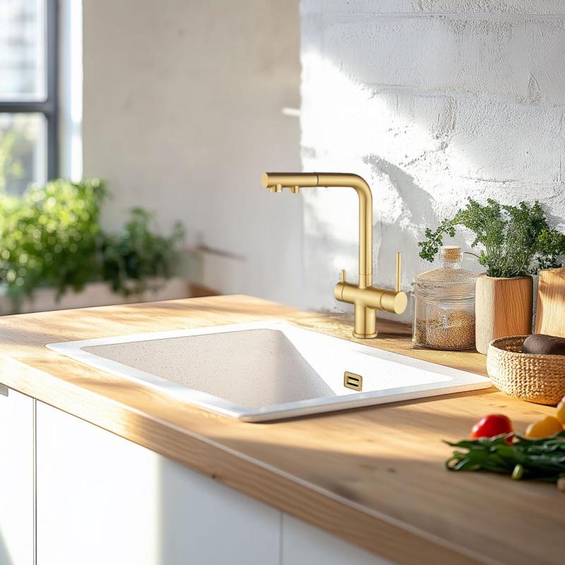 Ausmann Ellington 3-δρόμων κουζινόμπρεχτης με Ανασυρόμενη Ροή και Φιλτραρισμένο Νερό - Χρυσός- 1208970498