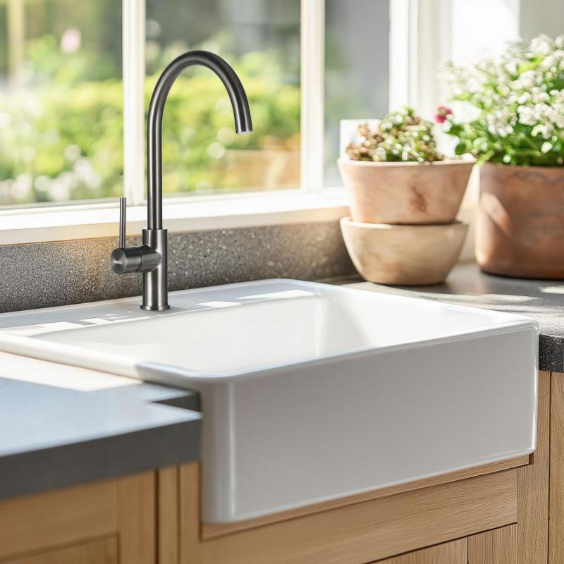 Ausmann Ceramic Panor Shade Κεραμικό λευκό νεροχύτη Butler - Υποδομή και ενδιάμεση δομή 630 x 597 mm με οπή για βρύση και μαύρο ματ πώμα 1208970554