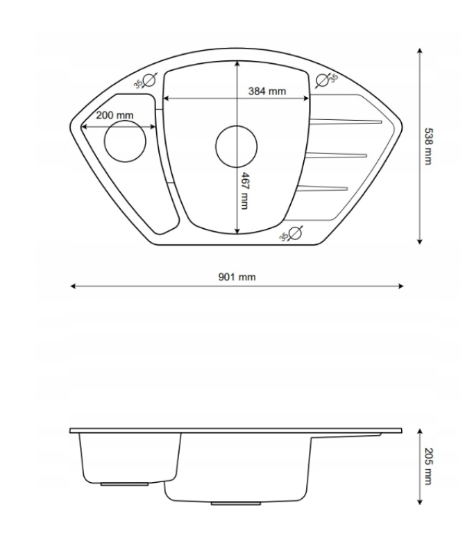 Graniteland Monte Γρανίτης μαύρος ψαμμίτης Σκληρός λίθος Γωνιακό νεροχύτη επιφανείας 901x538mm με ανοξείδωτο βύσμα 1208970601