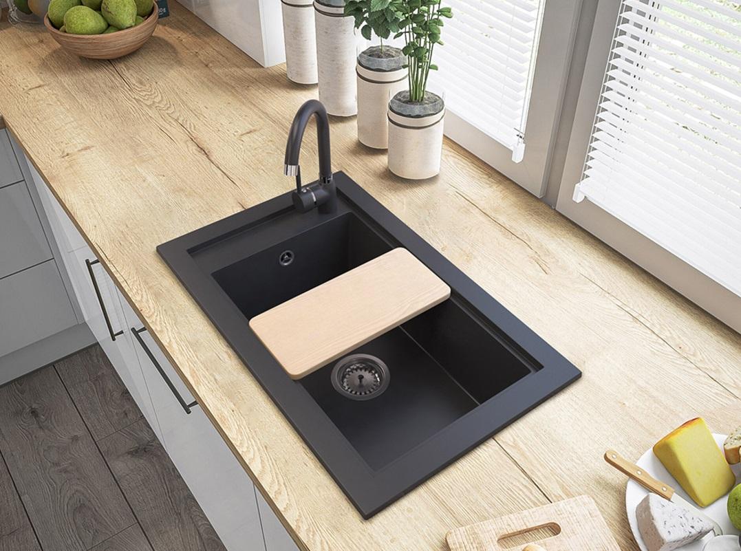 Graniteland Magra Γρανίτης Μαύρος Νεροχύτης επιφάνειας 686 x 427 mm με τρύπα για βρύση και Πρίζα ανοξείδωτου χάλυβα 1208970616
