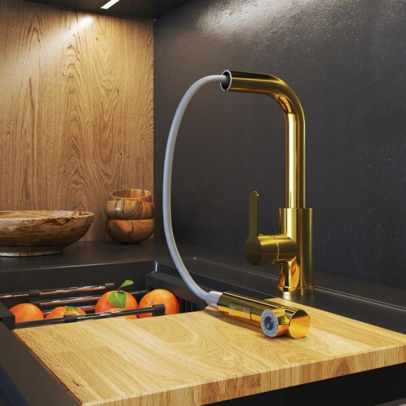 Graniteland Celeste Μπαταρία κουζίνας χρυσή με αποσπώμενο στόμιο και διπλή λειτουργία χειροκίνητης ντουζιέρας 1208970664