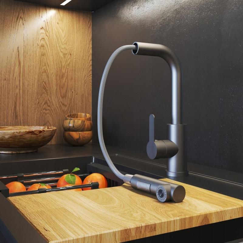 Graniteland Celeste Μπαταρία Κουζίνας Gun metal με Επεκτεινόμενο Ρύγχος και Διπλής Λειτουργίας Ντους Χεριού 1208970666