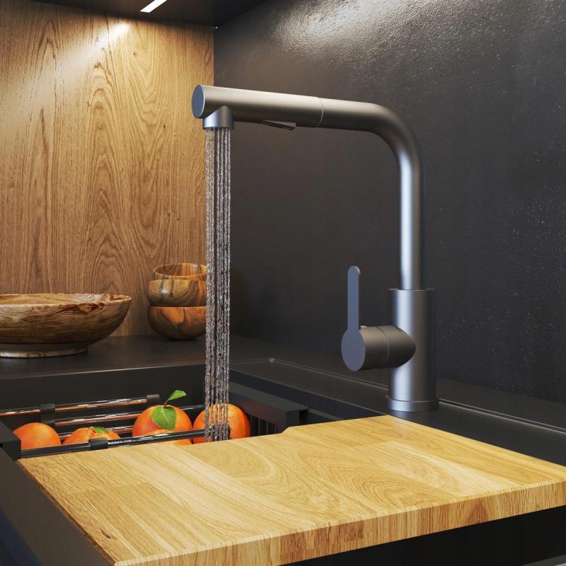 Graniteland Celeste Μπαταρία Κουζίνας Gun metal με Επεκτεινόμενο Ρύγχος και Διπλής Λειτουργίας Ντους Χεριού 1208970666