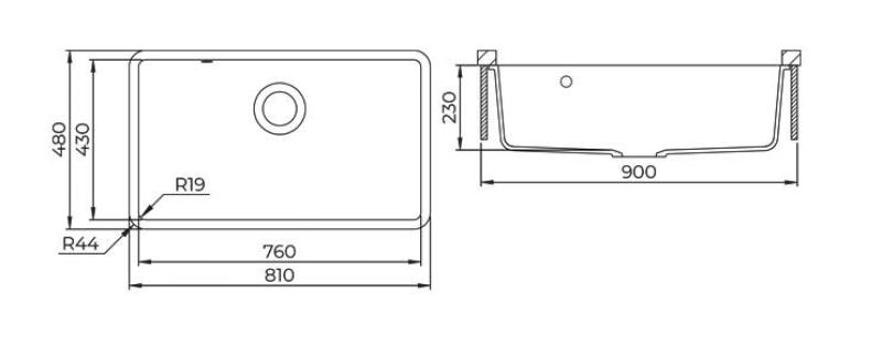 AquaGranite Modulo R19 μεγάλη μαύρη γρανιτένια νεροχύτη 76x43 cm υποκατασκευή και υπερκατασκευή με ανοξείδωτο βύσμα 1208970688