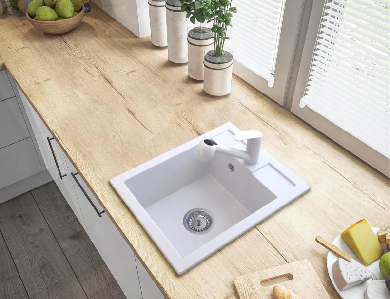 Γρανιτένια Ρέα Μπαταρία Κουζίνας Λευκή με Επεκτάσιμο Ρουξούνι και Χειροκίνητο Ντους Διπλής Λειτουργίας 1208970714