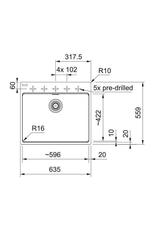 Φράνκε Μάρις MRG 610-60 Care Fragranite Stone γκρι επιφανειακό νεροχύτη για άτομα με ειδικές ανάγκες 635 x 559 mm Επιφάνεια με Τρύπα για Βρύση 114.0729.486