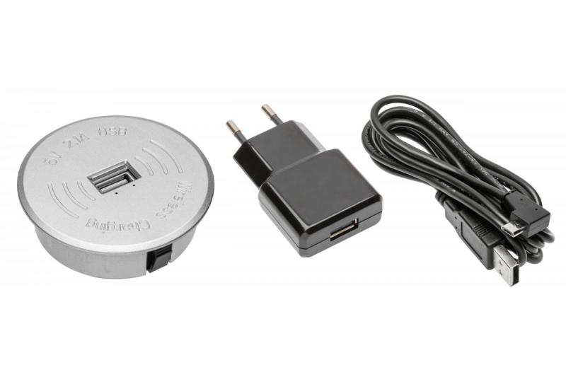 Ασύρματο σετ φόρτισης με USB ασημί με τροφοδοτικό (αποσπώμενο καλώδιο USB 2 m)