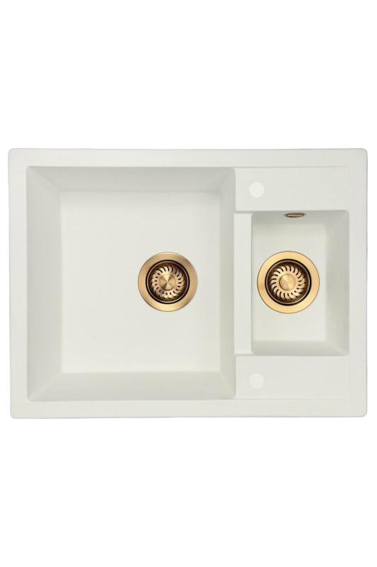 GraniteMy Smart επιπλέον ρηχή 1,5 γρανιτένια επιφάνεια λευκού νεροχύτη 58x44cm με χάλκινο πώμα 1208970052