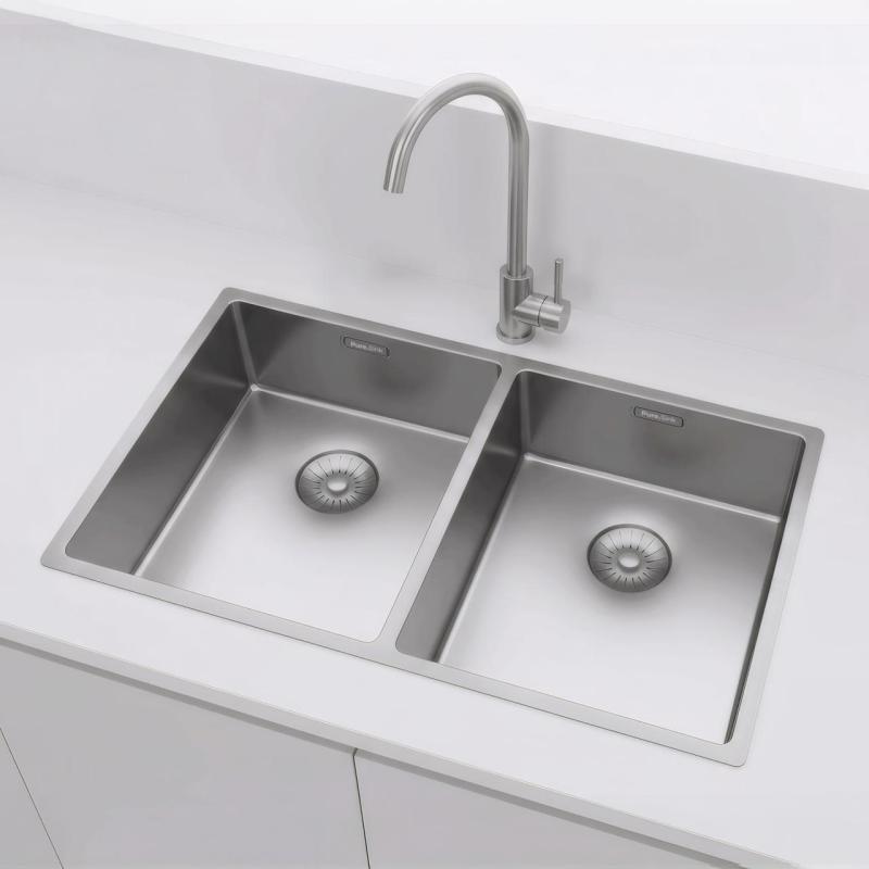 Pure.Sink Prestige Διπλό ανοξείδωτο νεροχύτη 70x40 cm 10mm ακτίνα υποδομής, επίπεδης κατασκευής και επικατασκευής PPG343440-02