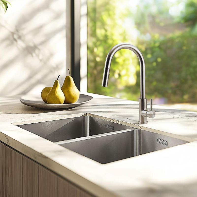 Pure.Sink Prestige Διπλό ανοξείδωτο νεροχύτη 70x40 cm 10mm ακτίνα υποδομής, επίπεδης κατασκευής και επικατασκευής PPG343440-02