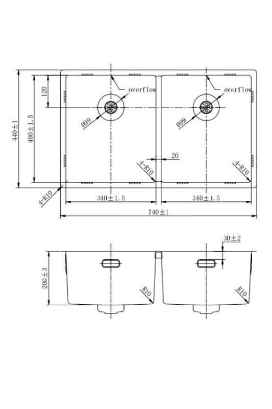 Pure.Sink Prestige Διπλός χάλκινος νεροχύτης 70x40cm ακτίνα 10mm εντοιχισμένος, επίπεδη επιφάνεια και επιφάνεια εργασίας PPG343440-62