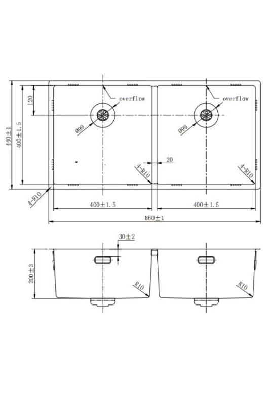 Pure.Sink Prestige Διπλό ανοξείδωτο νεροχύτη 82x40 cm ακτίνα 10mm εντοιχισμένος, επίπεδη κατασκευή και ανώστρωση PPG404040-02