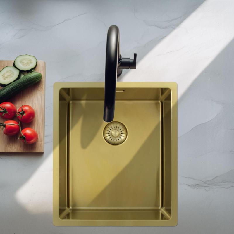 Pure.Sink Exclusivo Χρυσή νεροχύτη 34x40 cm 10mm ακτίνα εντοιχισμένη, επίπεδη κατασκευή και επικατασκευή PEX3440-60
