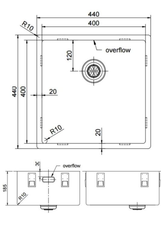 Pure.Sink Exclusivo RVS 40x40 εκατοστά με ακτίνα 10 χιλιοστών, εντοιχισμένος, επίπεδη κατασκευή και επικαθήμενος PEX4040-02
