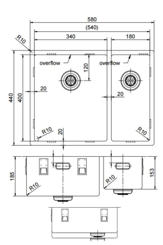 Pure.Sink Exclusivo Χάλκινο 1,5 ημι-νιπτήρα 34+18 εκατοστά 10mm ακτίνα PEX341840-62