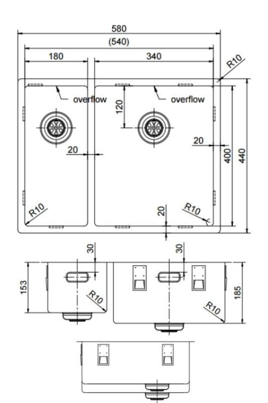 Pure.Sink Exclusivo Χάλκινο 1,5 μισό νεροχύτης 18+34cm ακτίνα 10mm PEX183440-62
