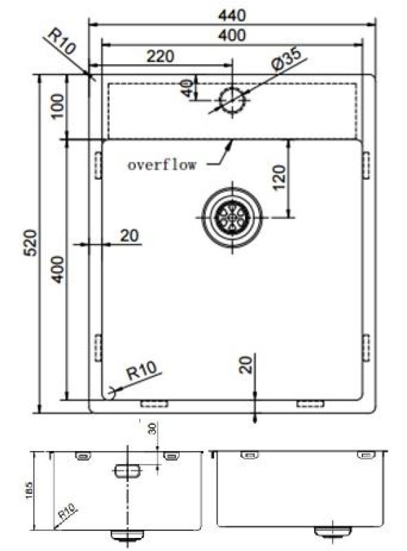 Pure.Sink Exclusivo Χάλκινος νεροχύτης 44x52 εκ. Tapwing με τρύπα για βρύση ακτίνα 10mm PEX4040T-62