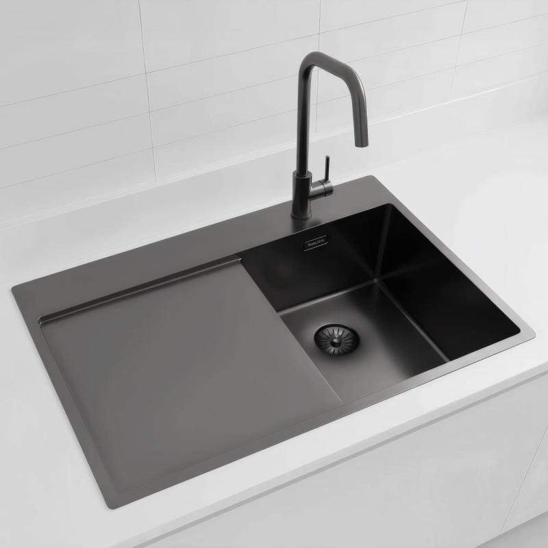 Pure.Sink Exclusivo Gun Metal μικρό νεροχύτη με στραγγιστήρα 78x52 εκ. Tapwing δεξιά PEX3478RT-61