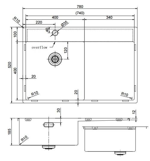 Pure.Sink Exclusivo RVS νεροχύτης με τμήμα στράγγισης 78x52 εκ. Tapwing αριστερά PEX4078LT-02
